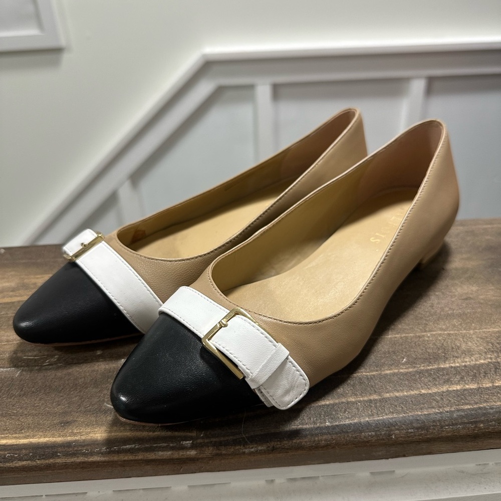 Talbots Tan and Black Flats with White Accent